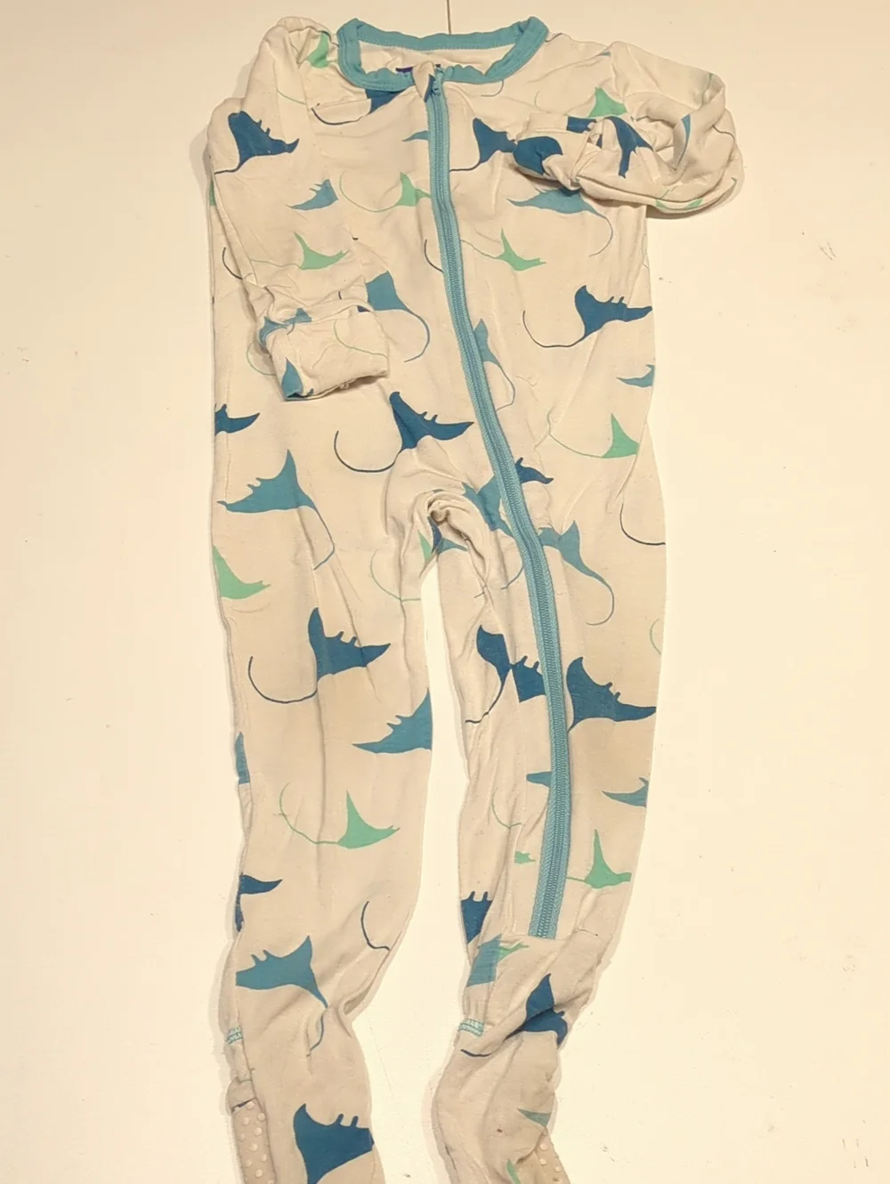 Kickee Pants White Footie Pajamas with Blue and Aqua Manta Ray Print
